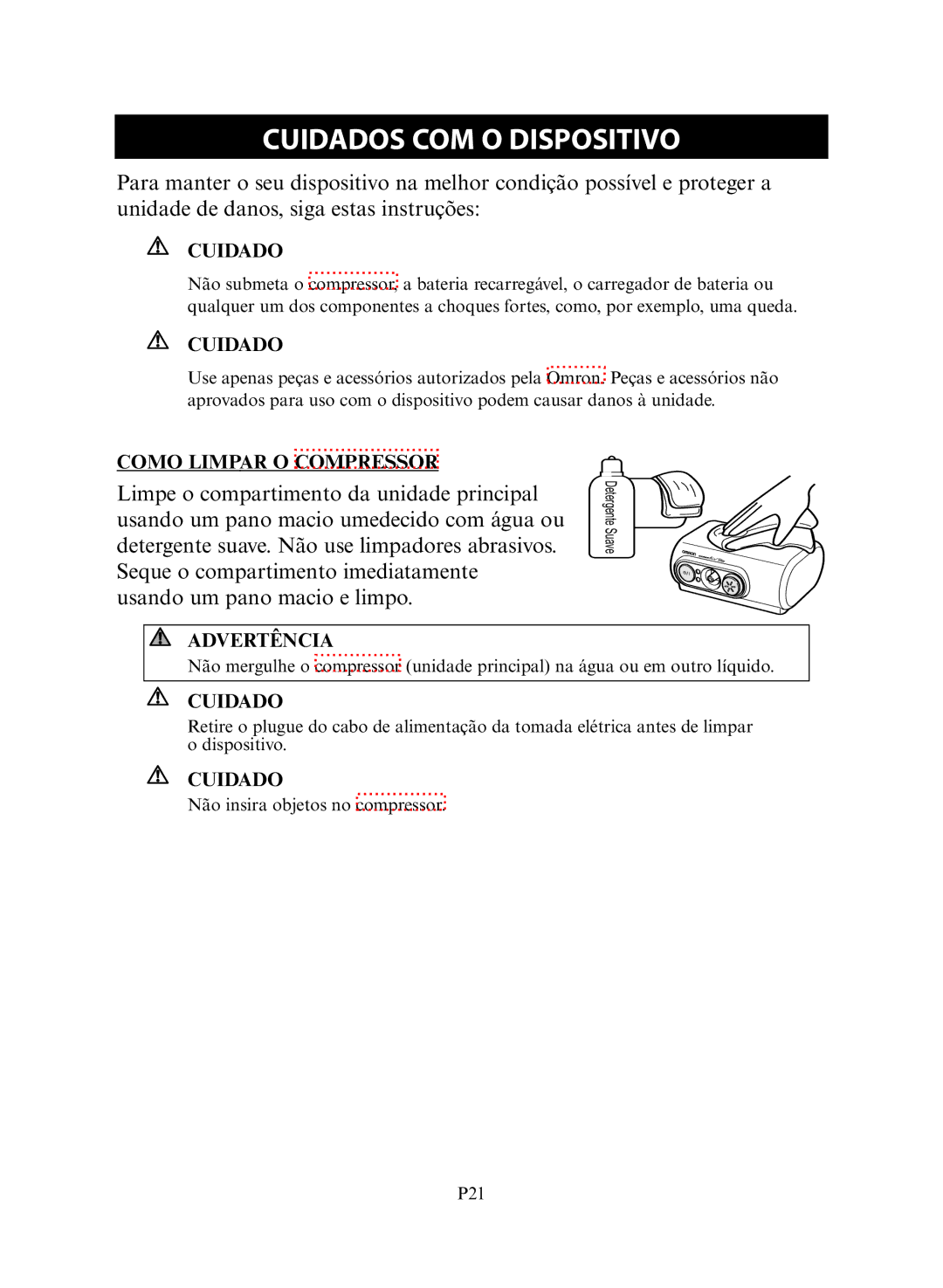 Omron NE-C30 instruction manual Cuidados COM O Dispositivo, Como Limpar O Compressor 