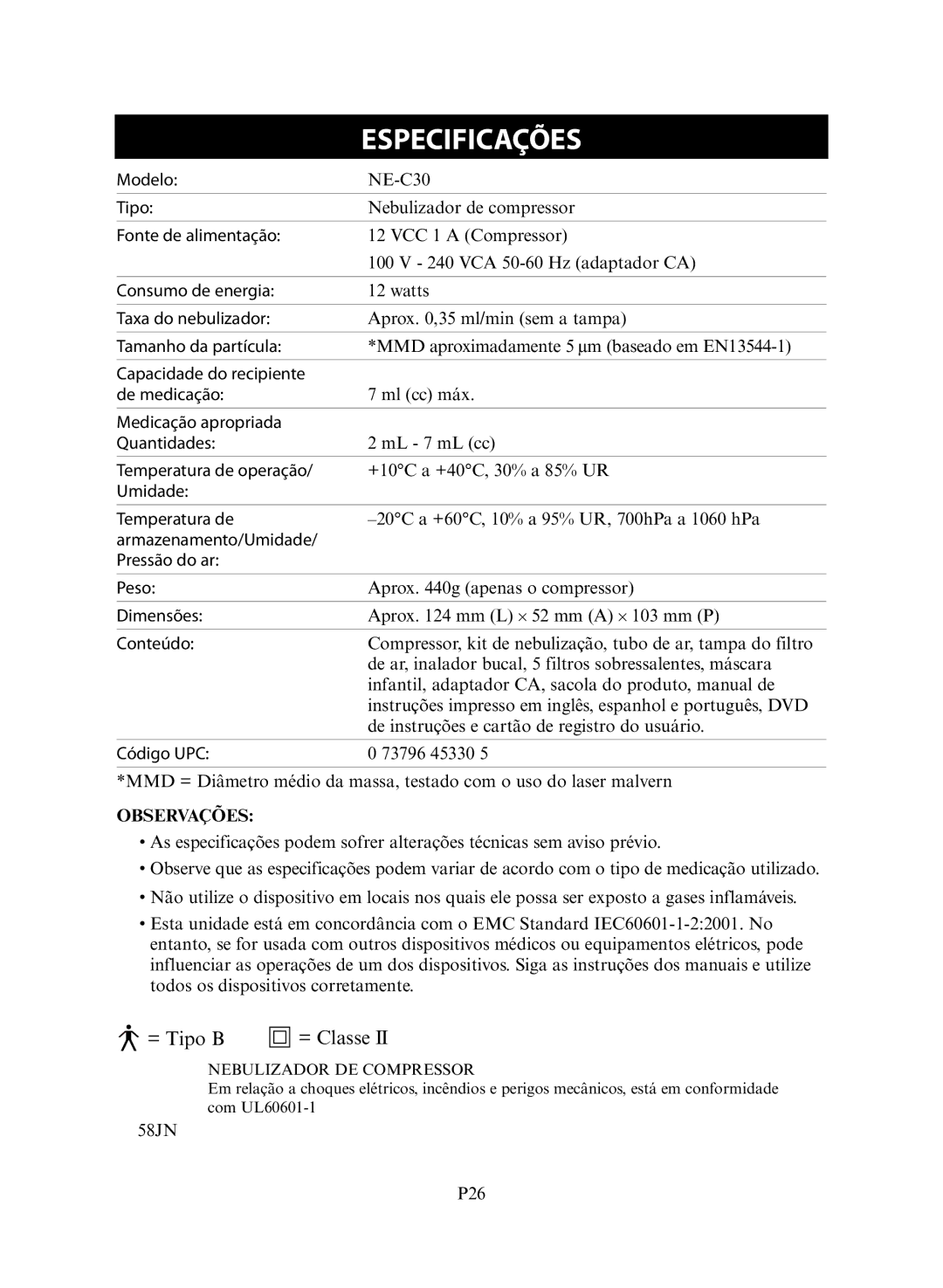 Omron NE-C30 instruction manual Especificações, Conteúdo 