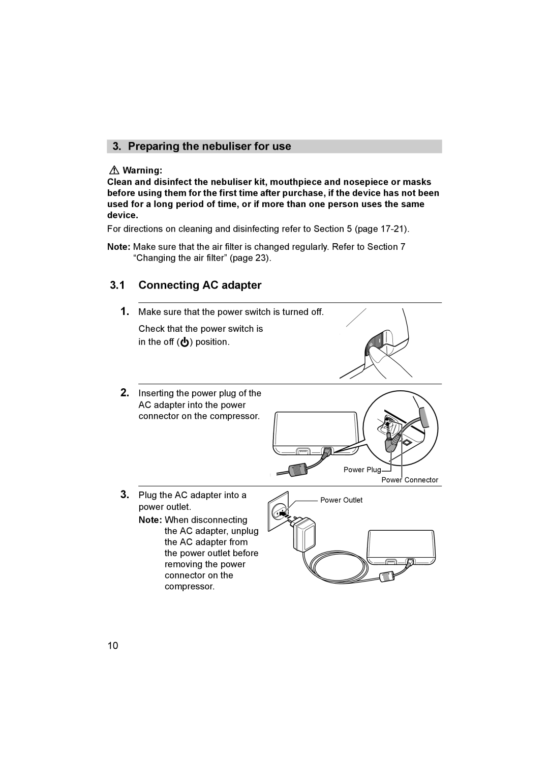 Omron ne-c801 instruction manual Preparing the nebuliser for use, Connecting AC adapter 