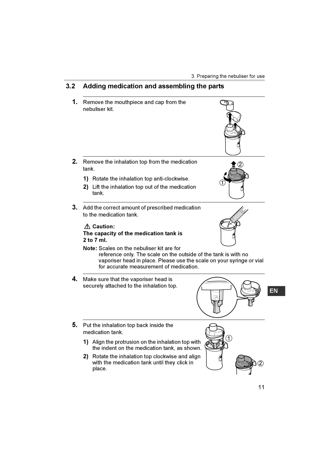 Omron ne-c801 instruction manual Adding medication and assembling the parts, Capacity of the medication tank is 2 to 7 ml 