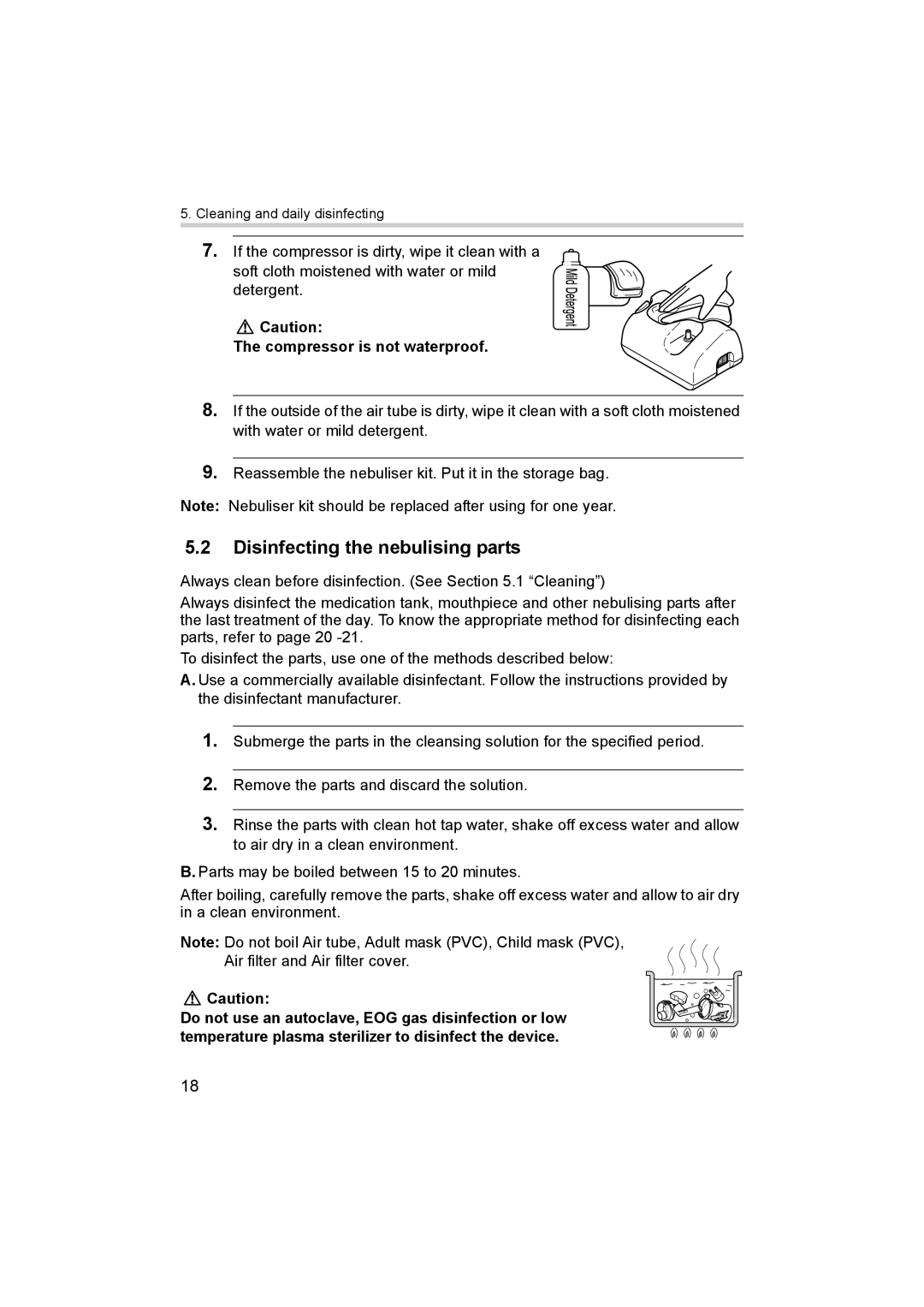 Omron ne-c801 instruction manual Disinfecting the nebulising parts, Compressor is not waterproof 