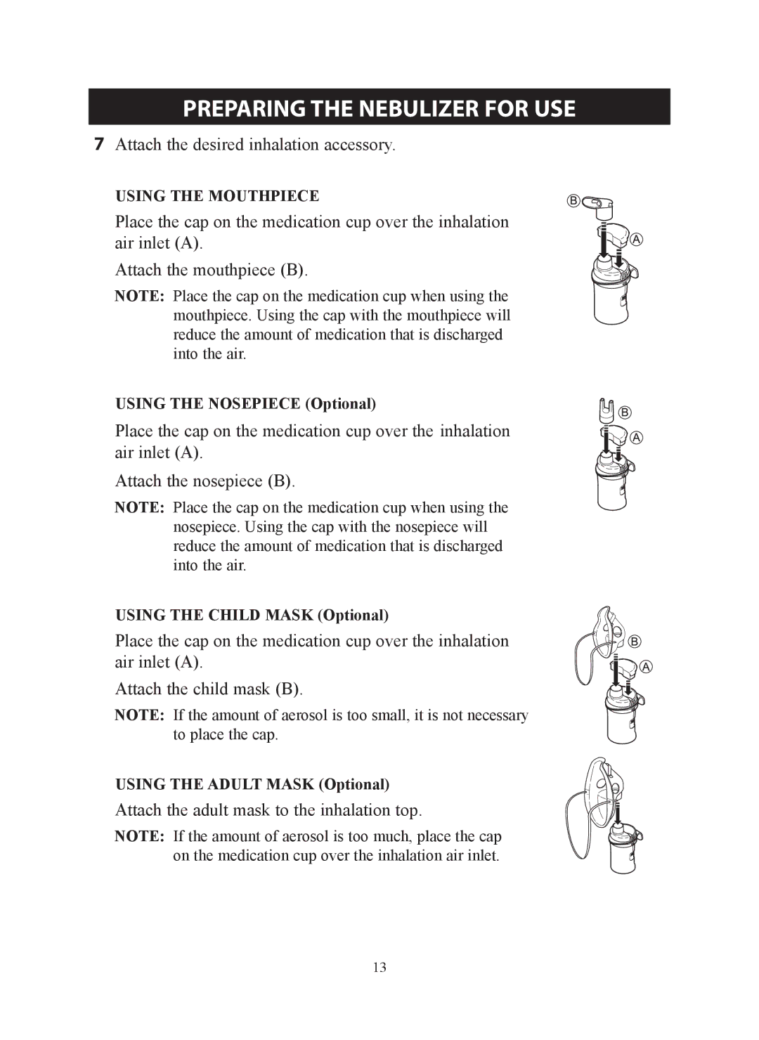 Omron ne-c801 instruction manual Using the Nosepiece Optional, Using the Child Mask Optional, Using the Adult Mask Optional 