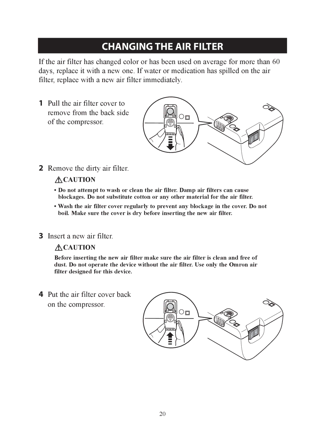 Omron ne-c801 instruction manual Changing the Air Filter, Insert a new air filter 