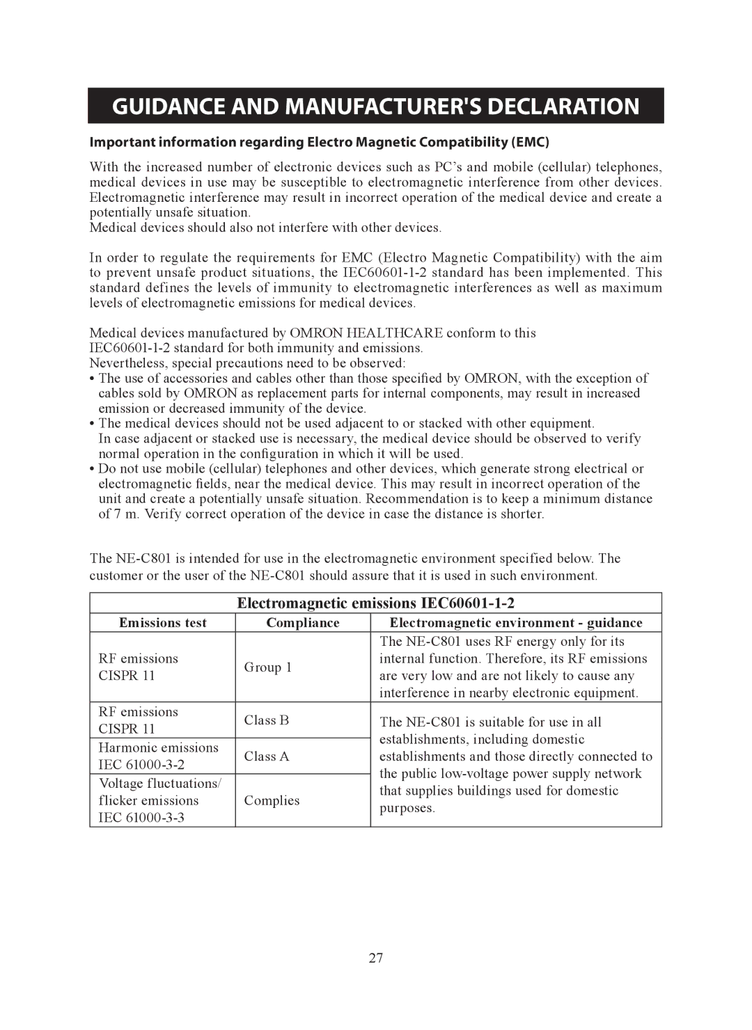 Omron ne-c801 instruction manual Guidance and Manufacturers Declaration, Electromagnetic emissions IEC60601-1-2 