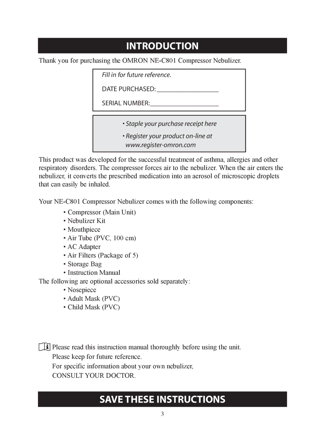 Omron ne-c801 instruction manual Introduction, Staple your purchase receipt here 