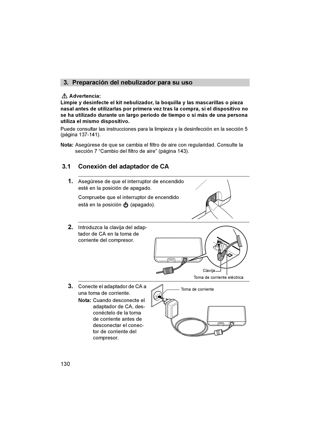 Omron ne-c801 manual Preparación del nebulizador para su uso, Conexión del adaptador de CA, 130 