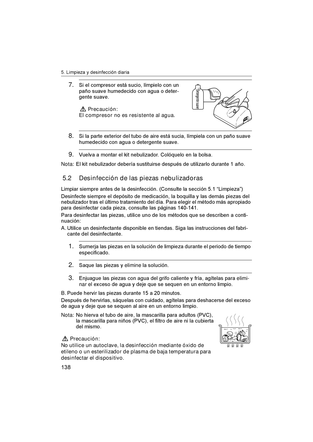 Omron ne-c801 manual Desinfección de las piezas nebulizadoras, 138, Precaución El compresor no es resistente al agua 