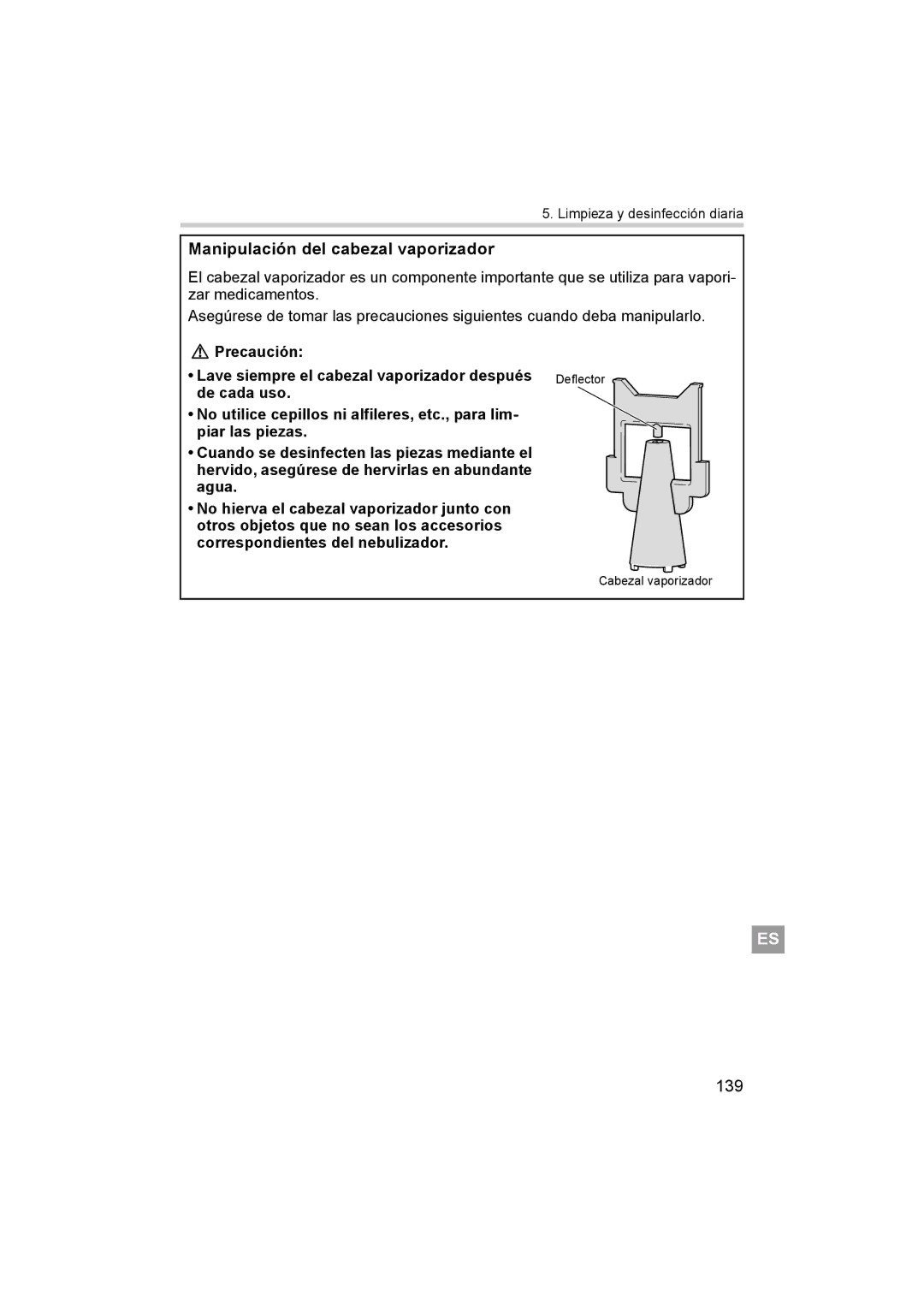 Omron ne-c801 manual 139, Precaución Lave siempre el cabezal vaporizador después 