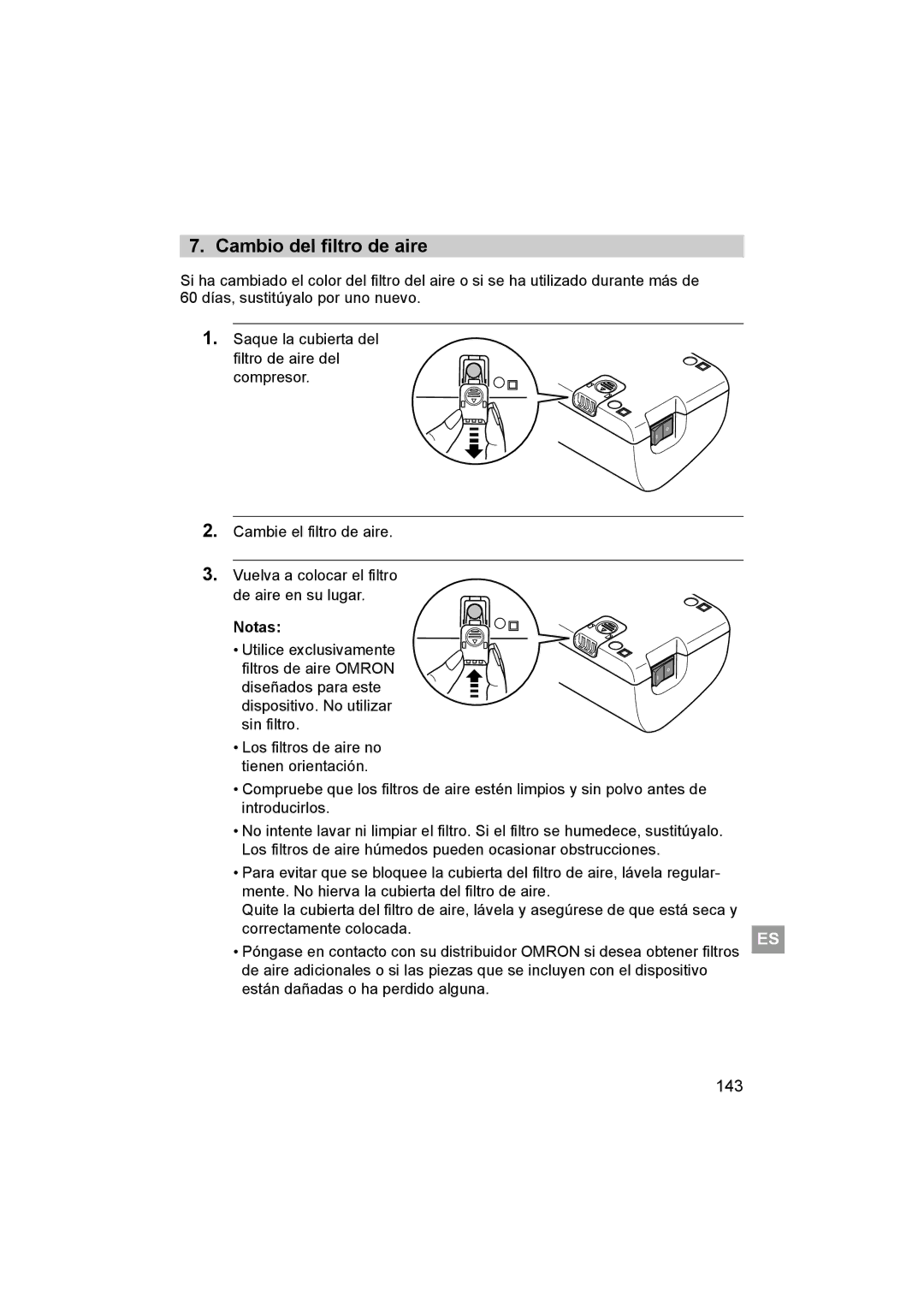 Omron ne-c801 manual Cambio del filtro de aire, 143 