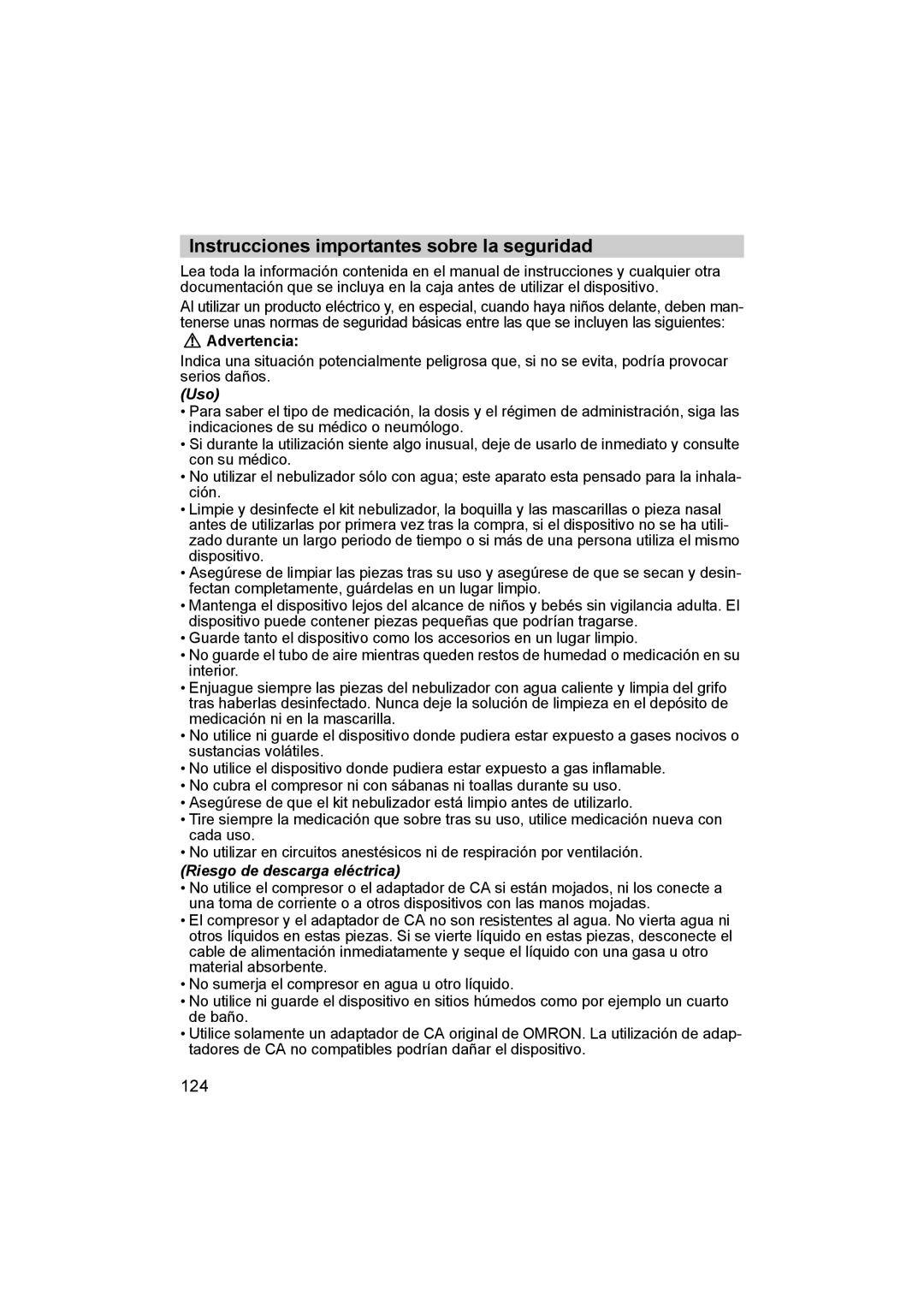 Omron ne-c801 manual Instrucciones importantes sobre la seguridad, 124, Advertencia 