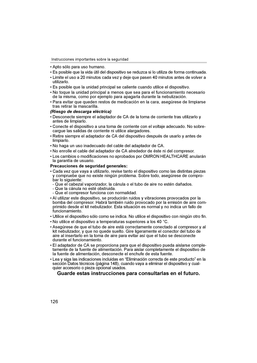 Omron ne-c801 manual Guarde estas instrucciones para consultarlas en el futuro, 126, Precauciones de seguridad generales 