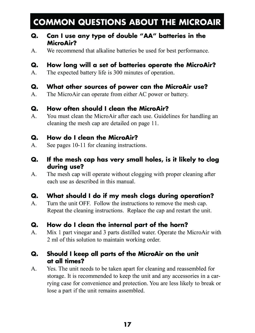 Omron NE-U03V manual Common Questions about the Microair, How often should I clean the MicroAir? 