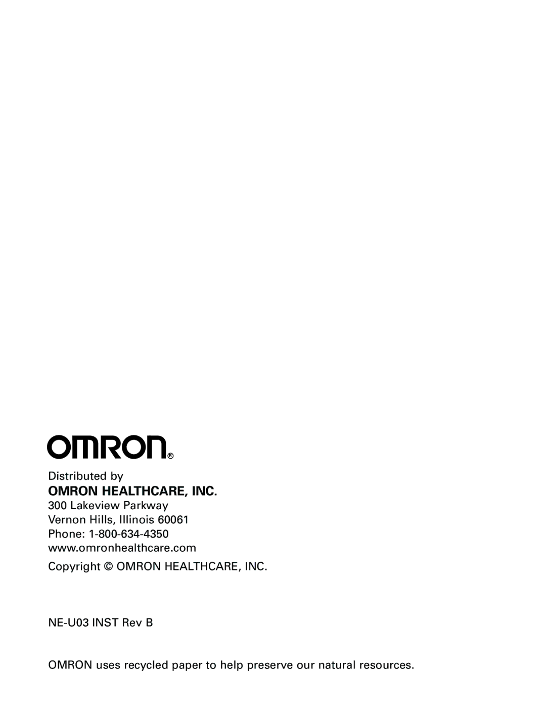 Omron NE-U03V manual Omron HEALTHCARE, INC 