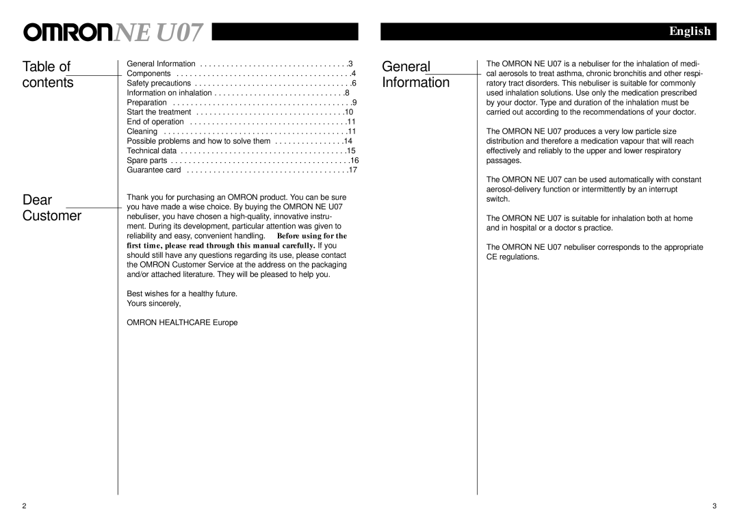 Omron NE U07 instruction manual Table of contents Dear Customer, General Information 