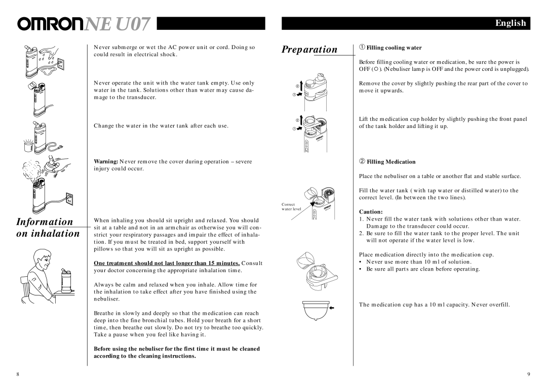 Omron NE U07 instruction manual Preparation, Information, On inhalation, ➀ Filling cooling water, ➁ Filling Medication 