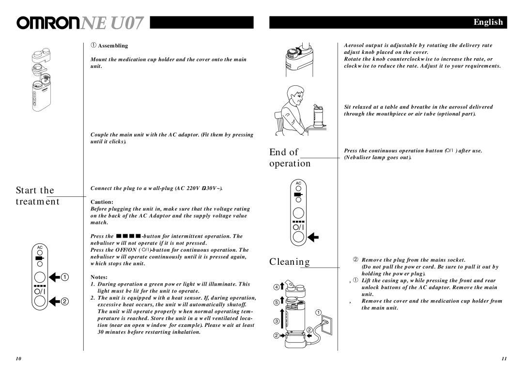 Omron NE U07 instruction manual Start the treatment, End, Operation, Cleaning, ➂ Assembling 