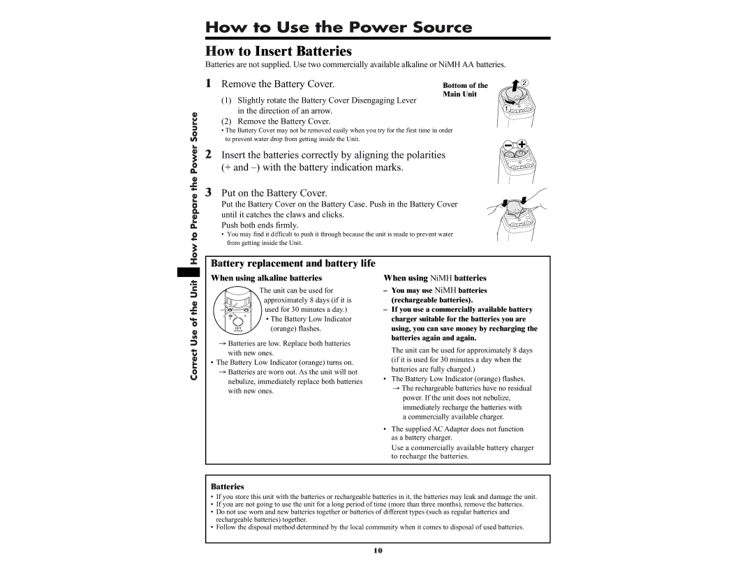 Omron NE-U22V manual How to Use the Power Source, How to Insert Batteries, Remove the Battery Cover 