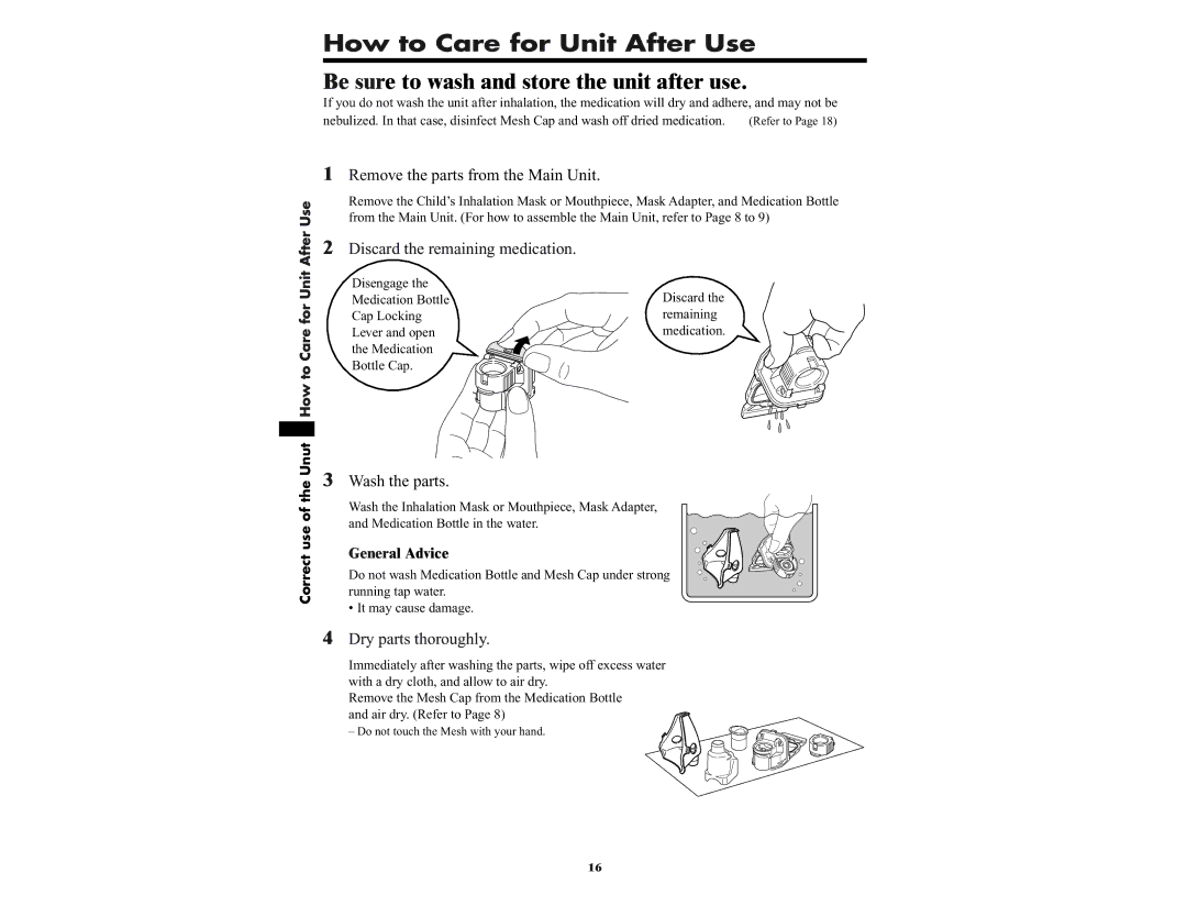 Omron NE-U22V manual How to Care for Unit After Use, Be sure to wash and store the unit after use 