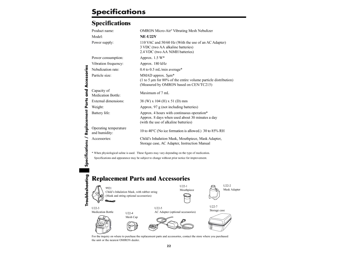 Omron NE-U22V manual Specifications, Replacement Parts and Accessories 