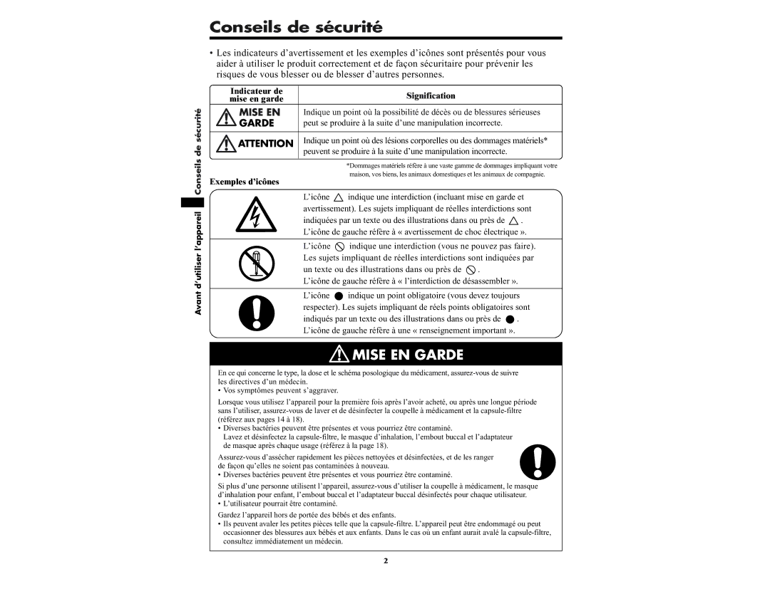 Omron NE-U22V manual Conseils de sécurité, Indicateur de Signification Mise en garde, Exemples d’icônes 