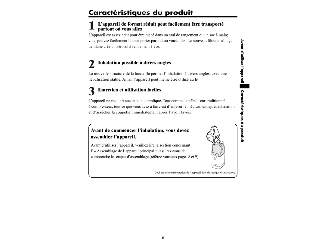 Omron NE-U22V manual Caractéristiques du produit, Inhalation possible à divers angles 