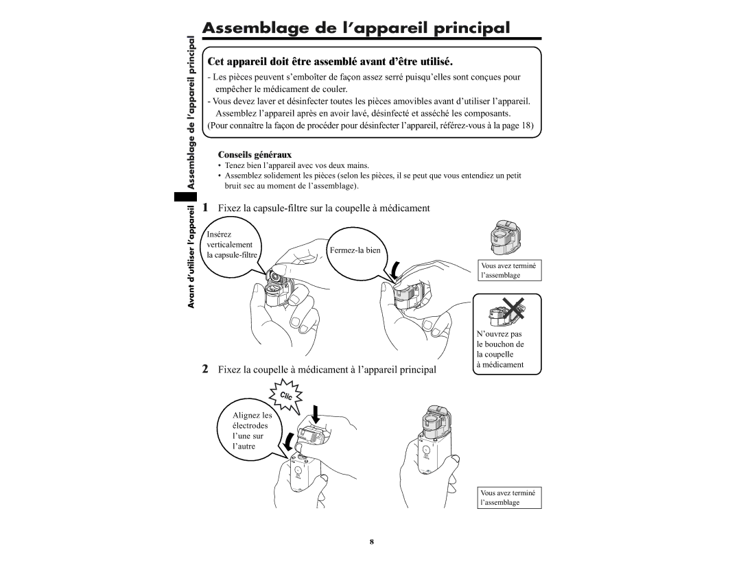 Omron NE-U22V Assemblage de l’appareil principal, Fixez la capsule-filtre sur la coupelle à médicament, Conseils généraux 