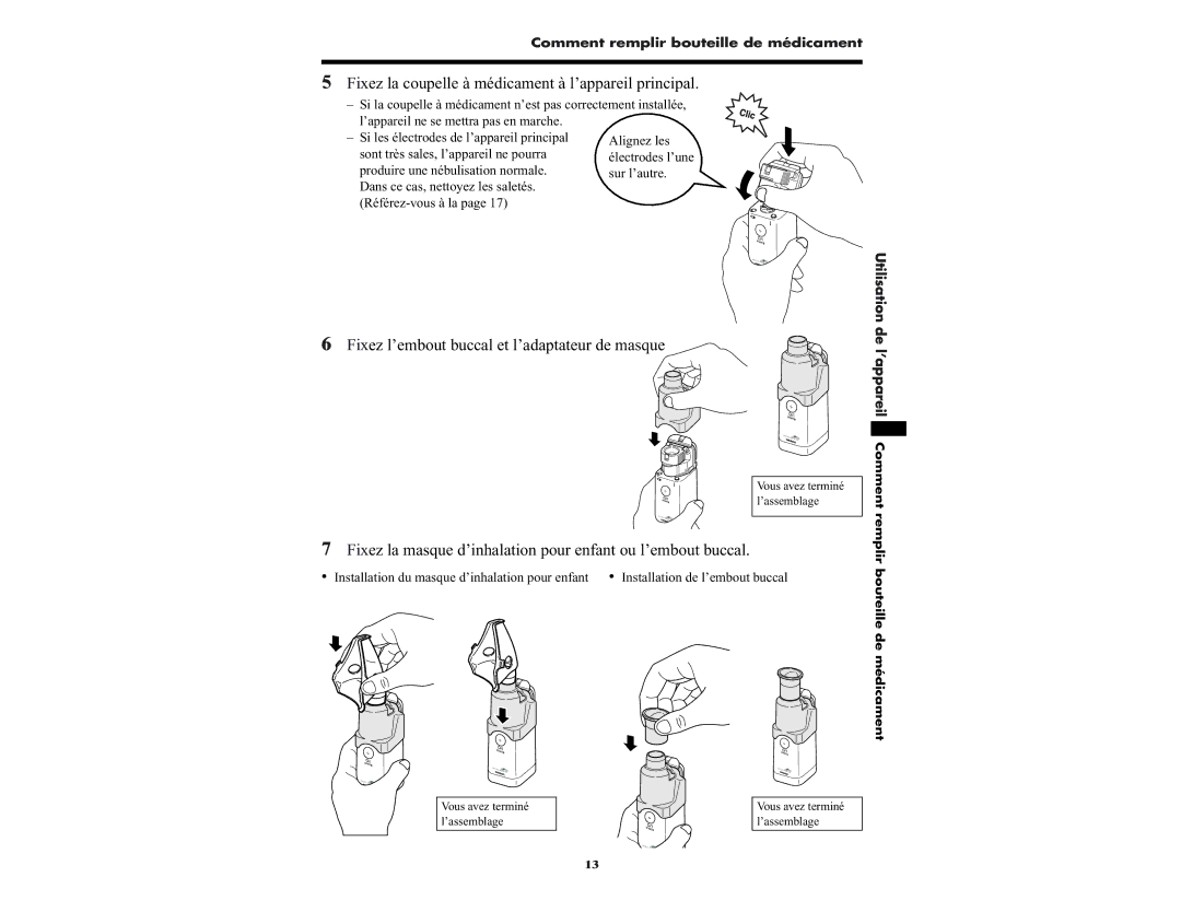 Omron NE-U22V Fixez l’embout buccal et l’adaptateur de masque, Fixez la masque d’inhalation pour enfant ou l’embout buccal 