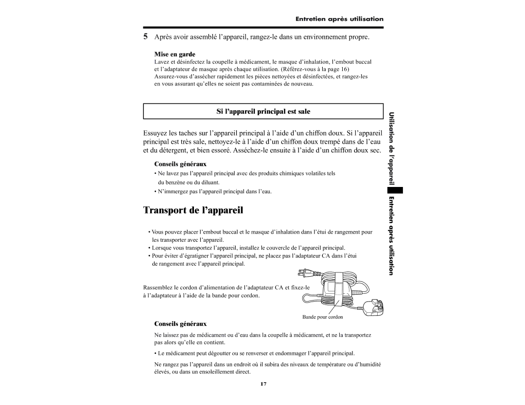 Omron NE-U22V manual Transport de l’appareil, Si l’appareil principal est sale, Mise en garde 