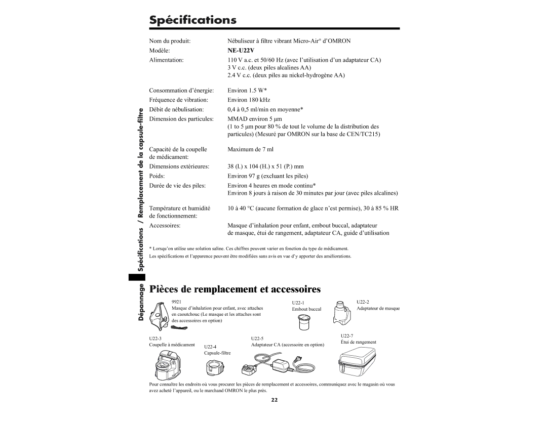 Omron NE-U22V manual Spécifications, Pièces de remplacement et accessoires, Remplacement de la capsule-filtre 