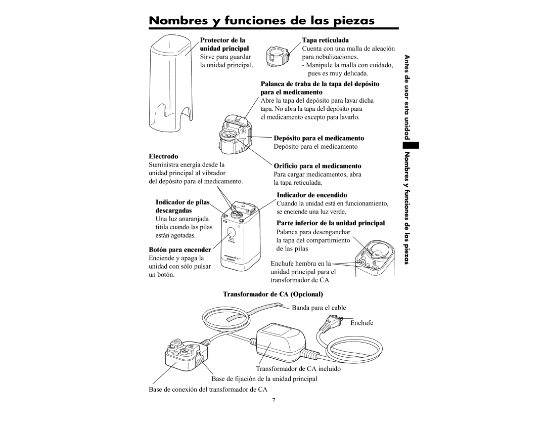 Omron NE-U22V manual Nombres y funciones de las piezas, Depósito para el medicamento, Parte inferior de la unidad principal 