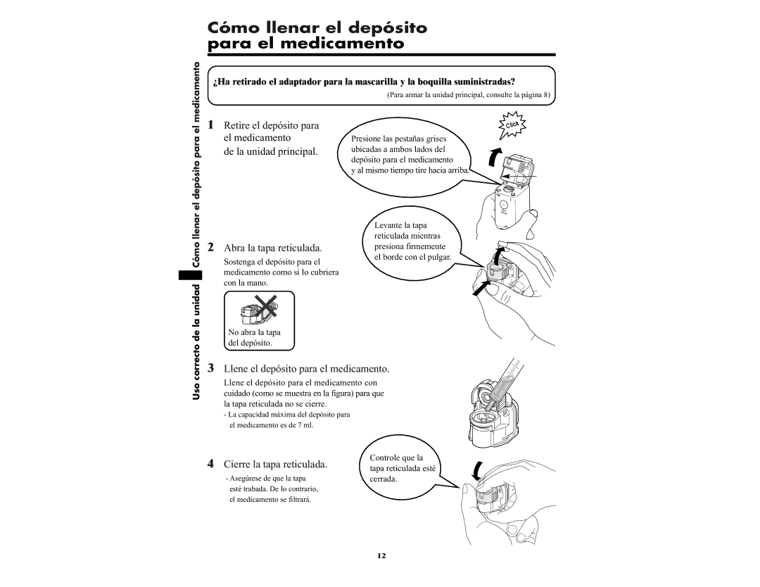 Omron NE-U22V manual Cómo llenar el depósito para el medicamento, Llene el depósito para el medicamento 
