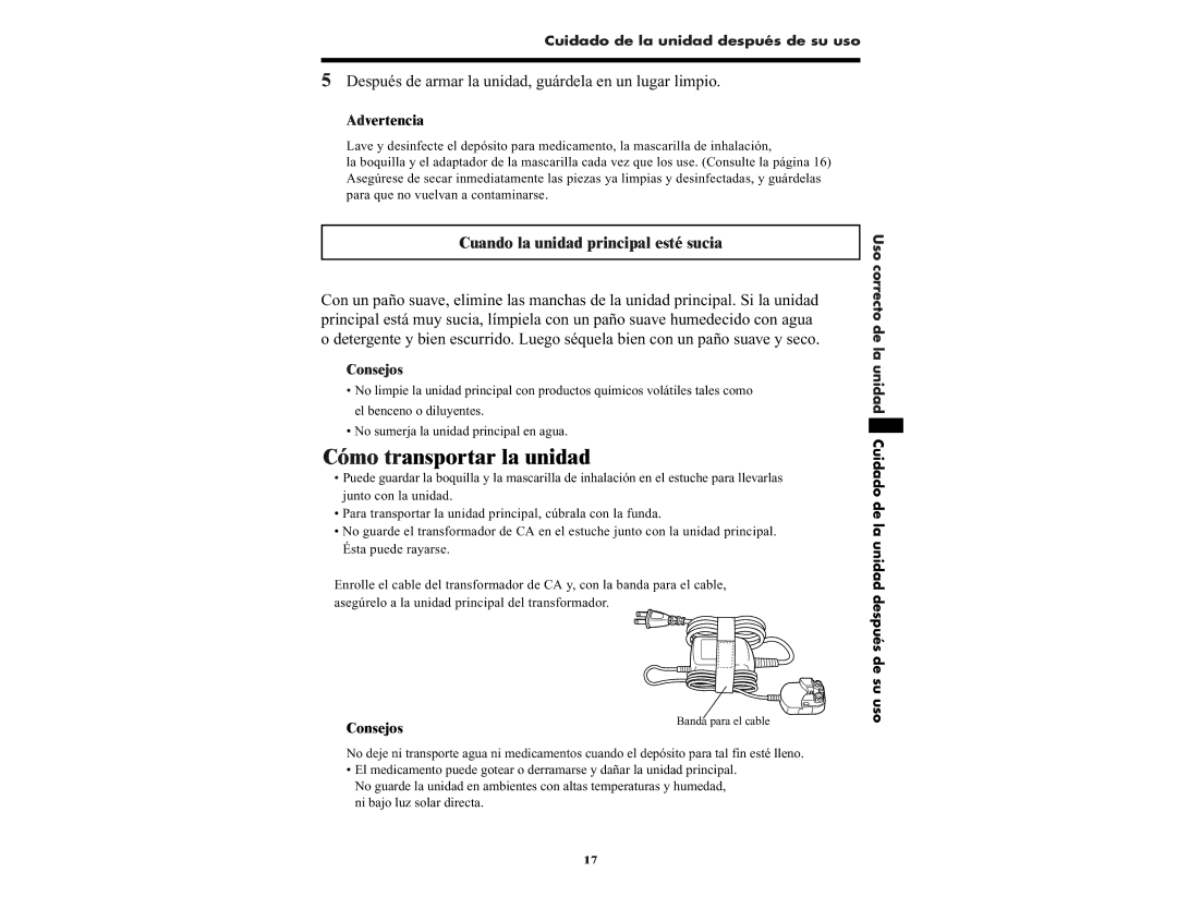 Omron NE-U22V manual Cómo transportar la unidad, Después de armar la unidad, guárdela en un lugar limpio, Advertencia 