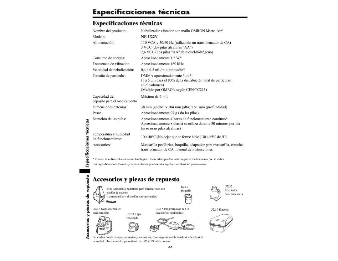 Omron NE-U22V manual Especificaciones técnicas, Accesorios y piezas de repuesto 