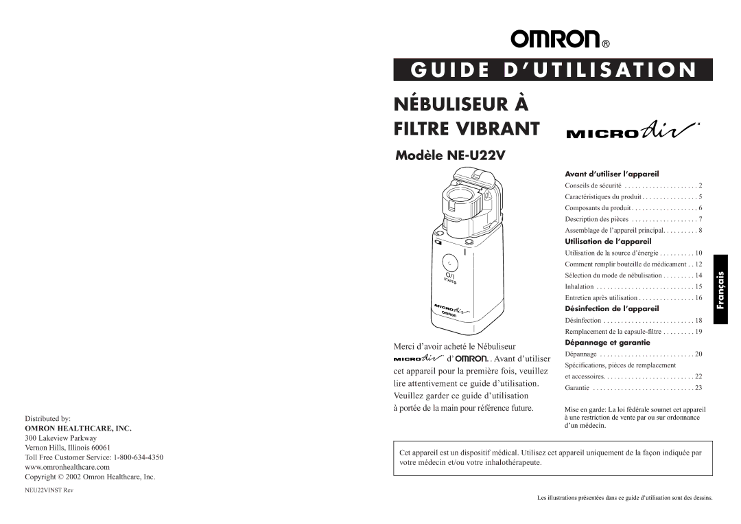 Omron NE-U22V Distributed by, Avant d’utiliser l’appareil, Utilisation de l’appareil, Désinfection de l’appareil 