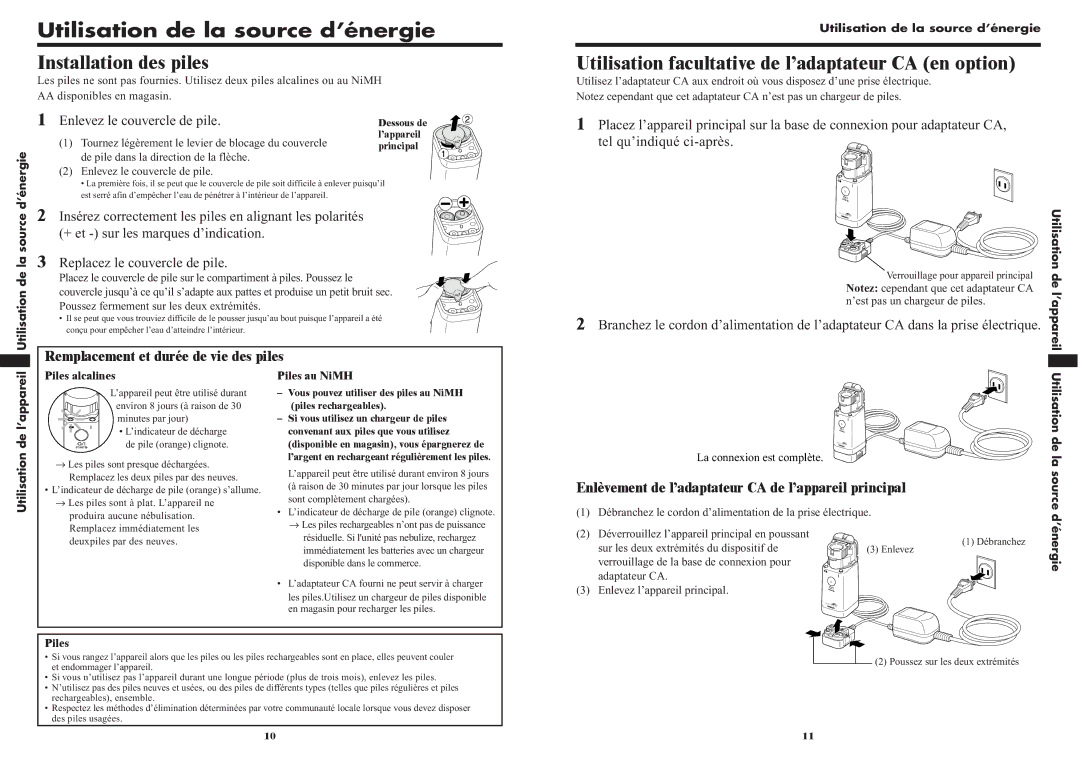 Omron NE-U22V instruction manual Utilisation de la source d’énergie, Installation des piles, Enlevez le couvercle de pile 