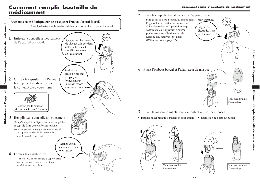 Omron NE-U22V instruction manual Comment remplir bouteille de médicament, Fixez l’embout buccal et l’adaptateur de masque 