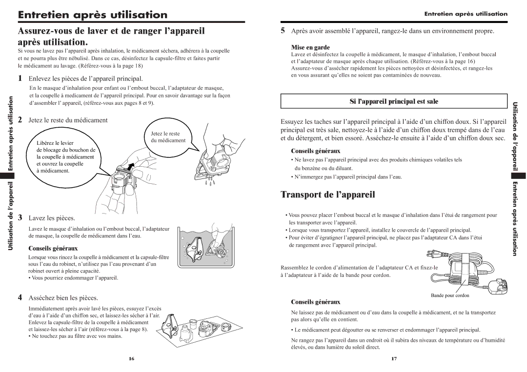 Omron NE-U22V instruction manual Entretien après utilisation, Transport de l’appareil, Si l’appareil principal est sale 