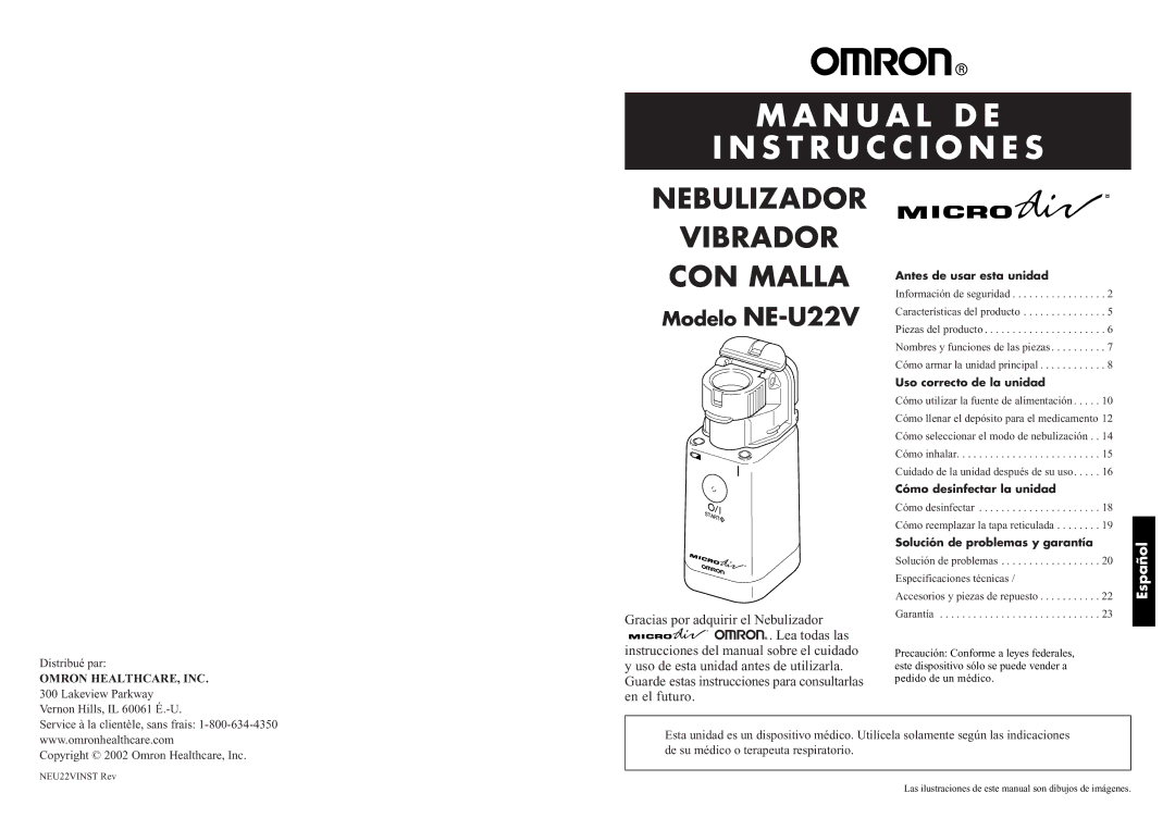 Omron NE-U22V instruction manual Distribué par, Lakeview Parkway Vernon Hills, IL 60061 É.-U 