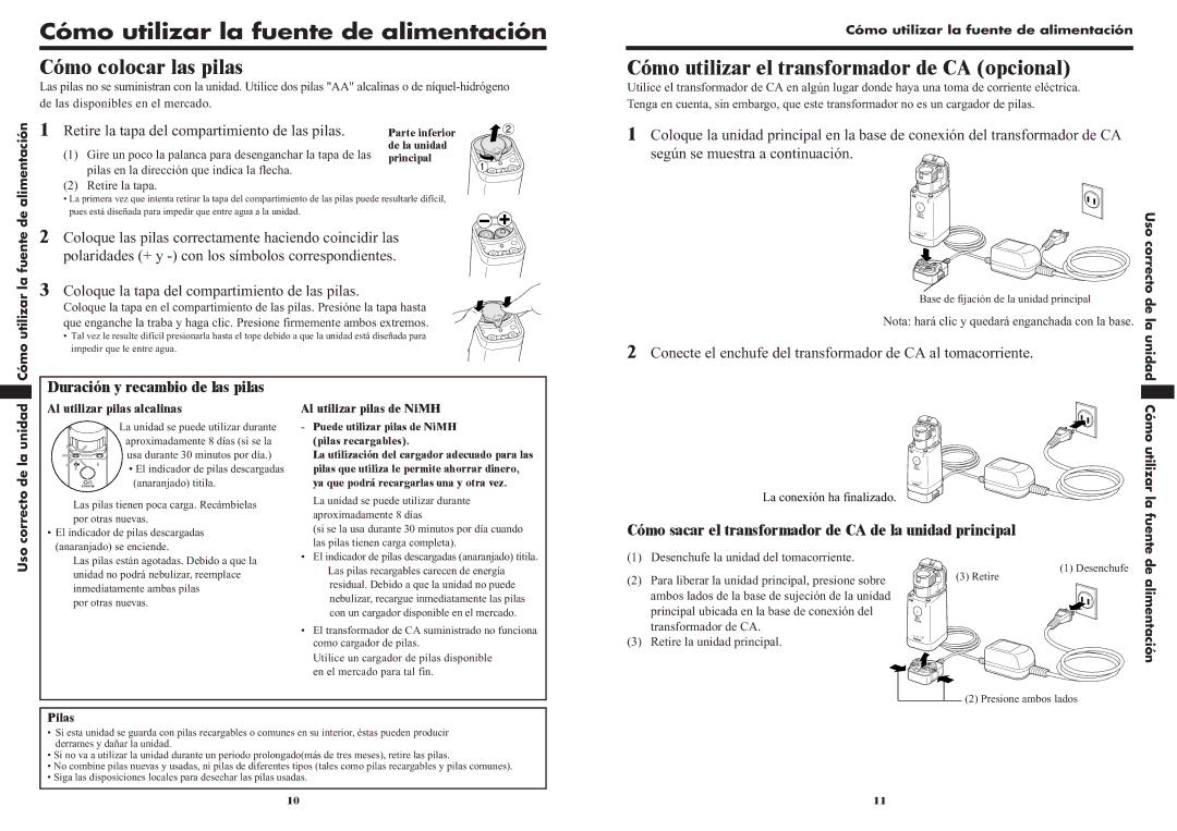 Omron NE-U22V Cómo utilizar la fuente de alimentación, Cómo colocar las pilas, Duración y recambio de las pilas 