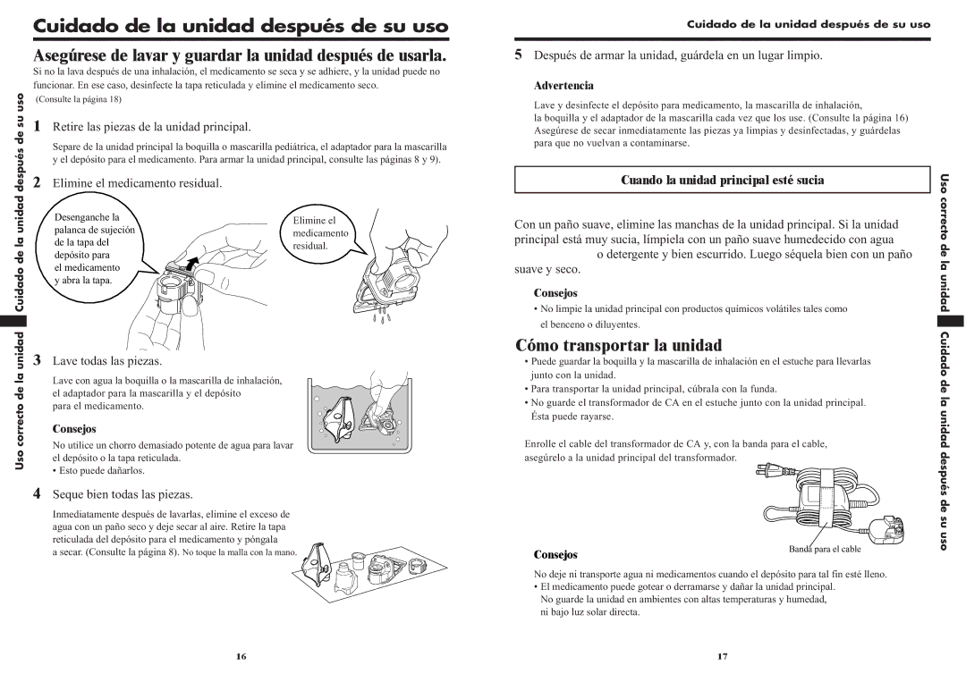 Omron NE-U22V Cuidado de la unidad después de su uso, Asegúrese de lavar y guardar la unidad después de usarla 