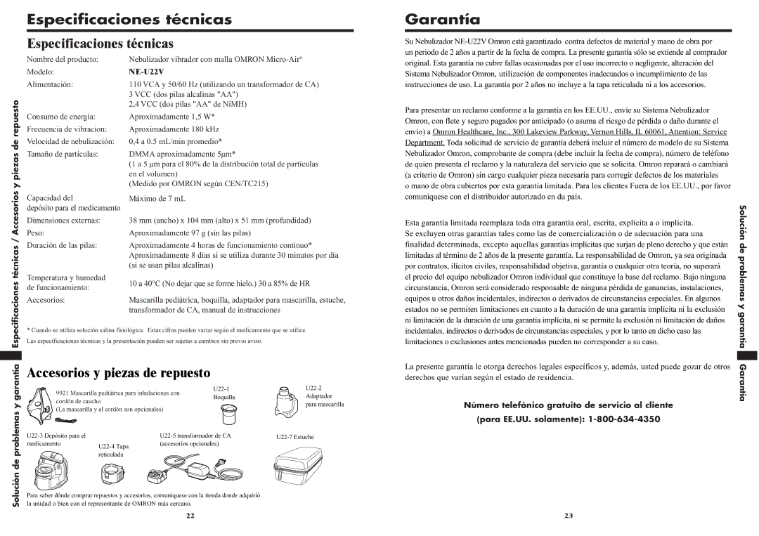 Omron NE-U22V instruction manual Especificaciones técnicas, Garantía, Solución de problemas y garantía 