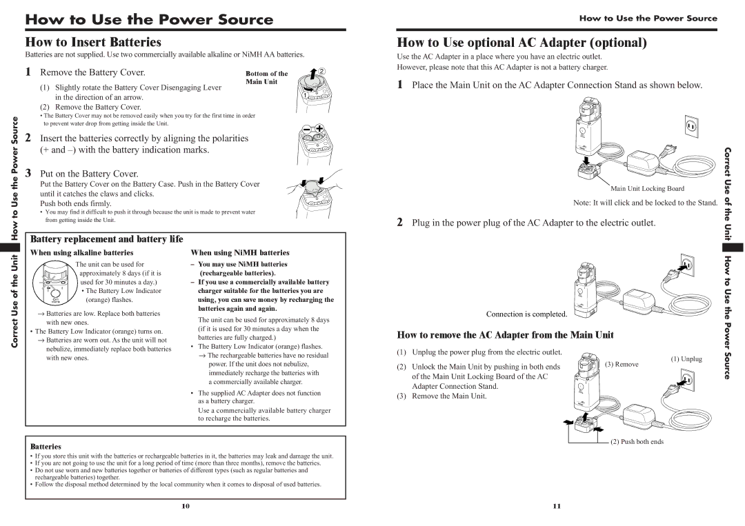Omron NE-U22V How to Use the Power Source, How to Insert Batteries, How to Use optional AC Adapter optional 