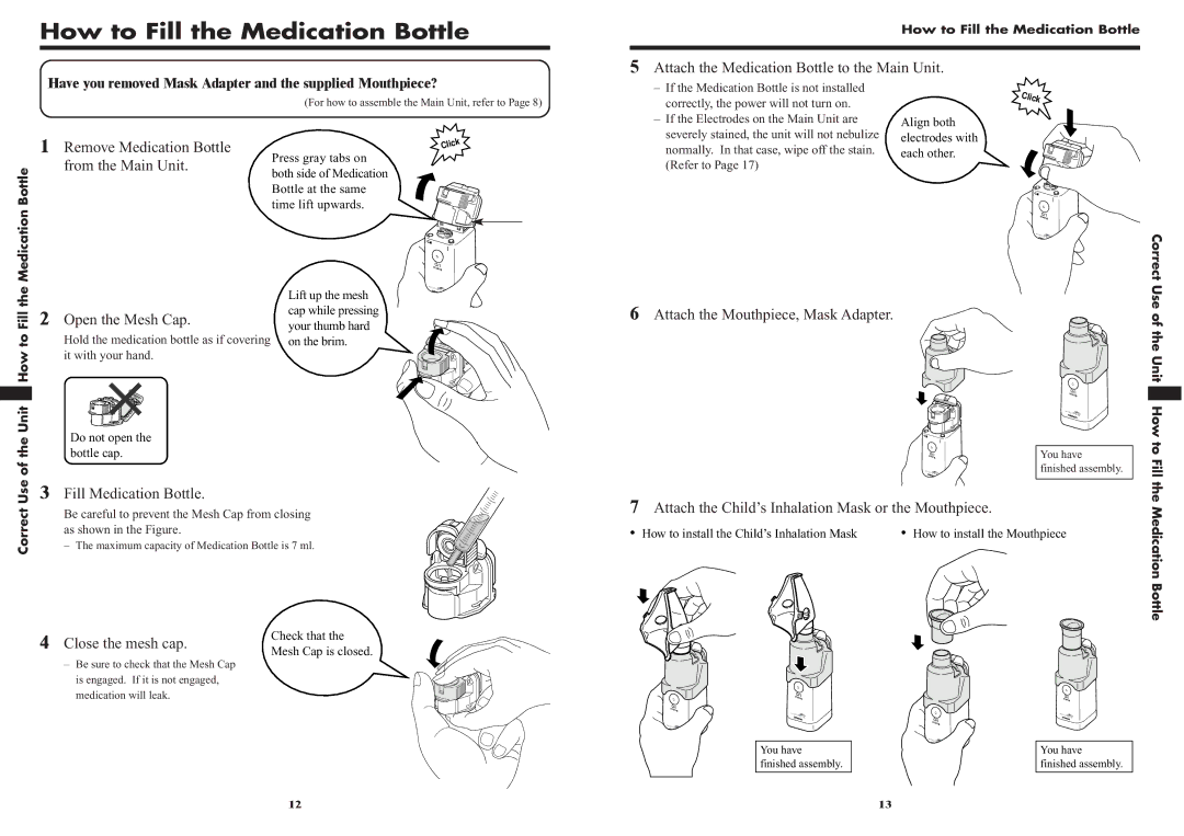 Omron NE-U22V How to Fill the Medication Bottle, Attach the Mouthpiece, Mask Adapter, Fill Medication Bottle 