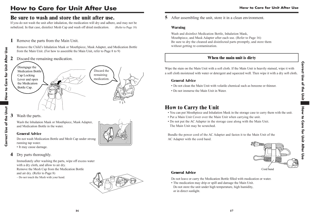 Omron NE-U22V How to Care for Unit After Use, Be sure to wash and store the unit after use, How to Carry the Unit 