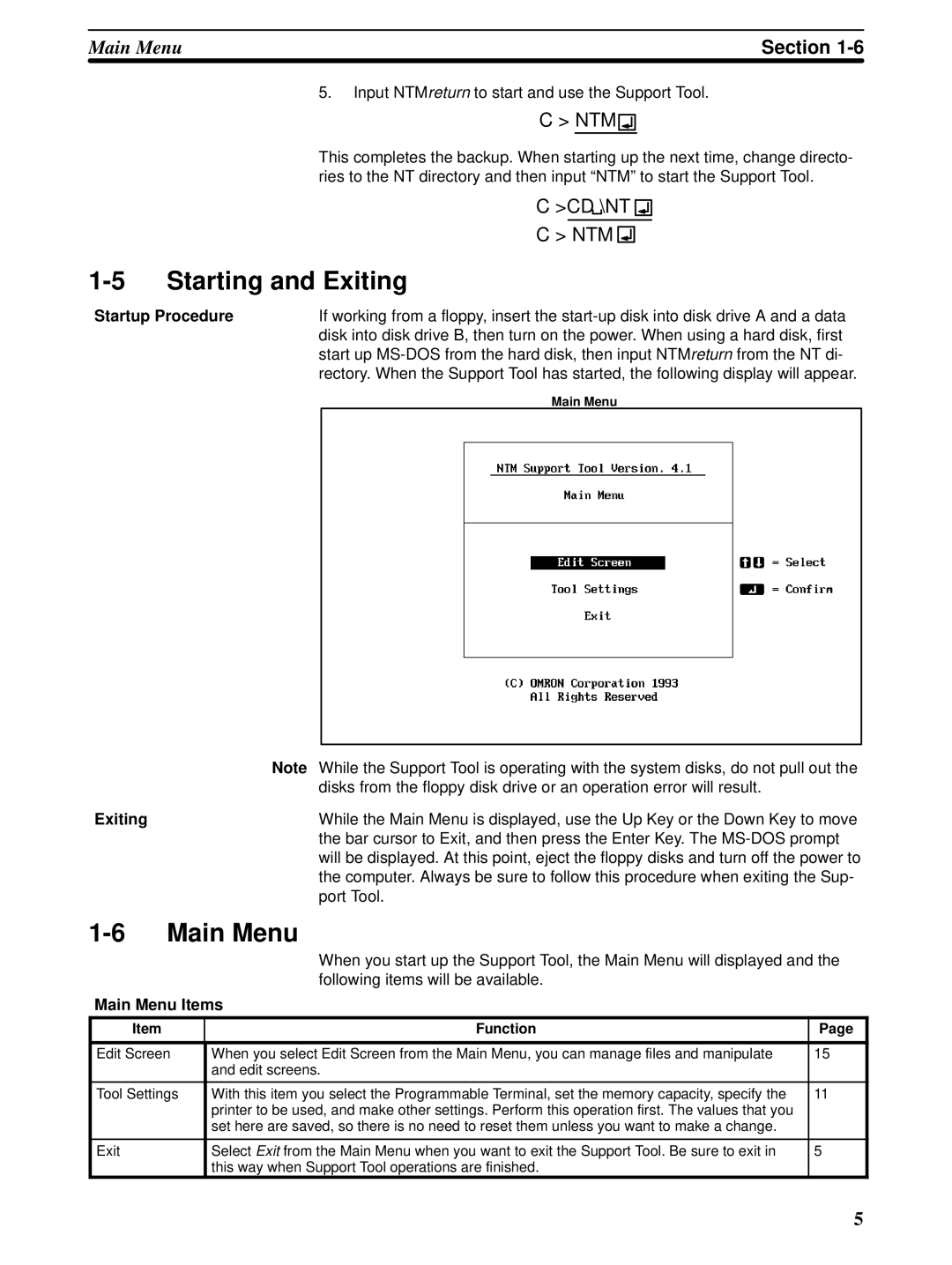 Omron NT20M, NT-series, NT600M manual Starting and Exiting, Startup Procedure, Main Menu Items 