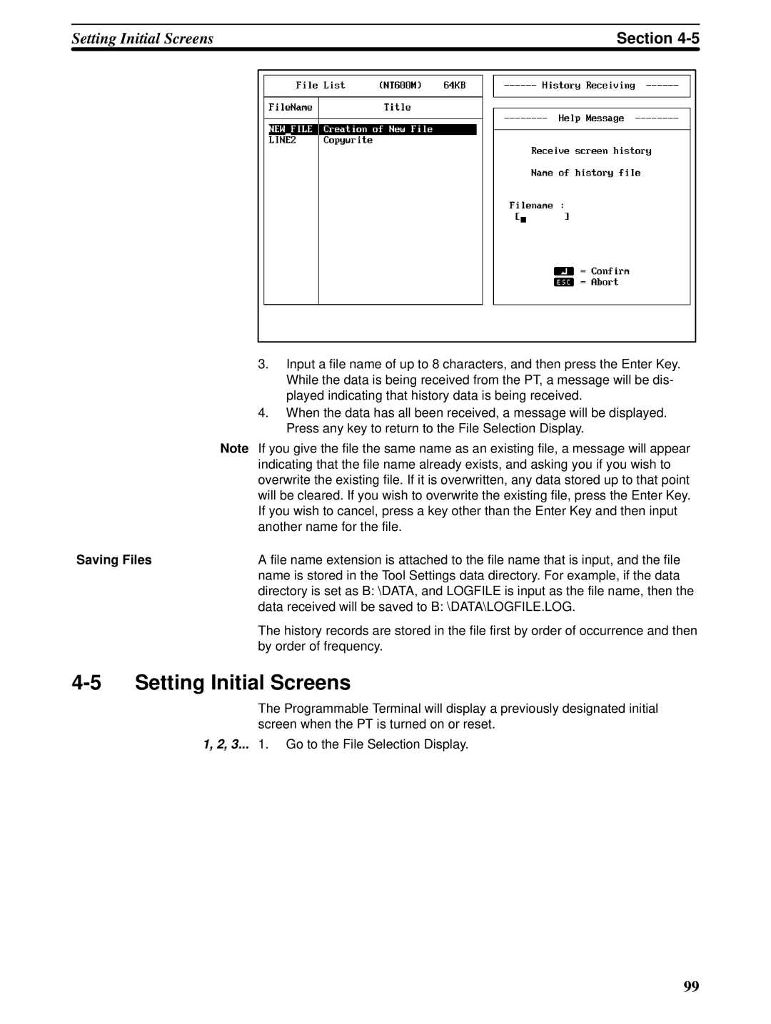 Omron NT20M, NT-series, NT600M manual Setting Initial Screens, Saving Files 