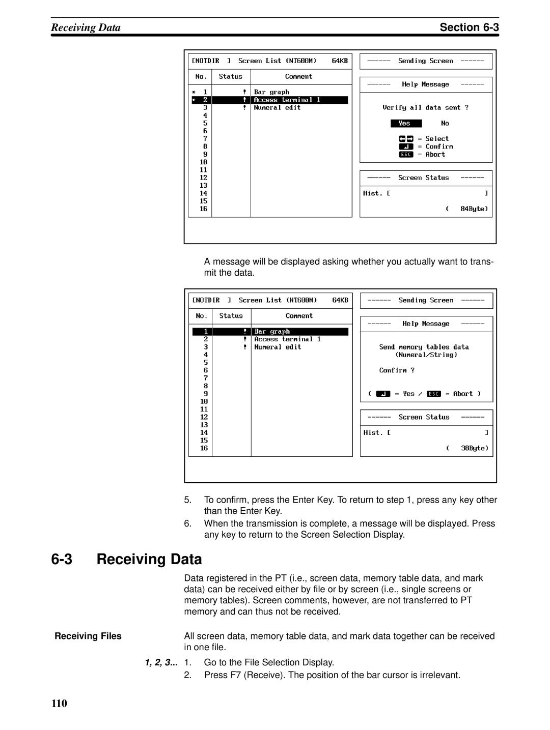 Omron NT-series, NT20M, NT600M manual Receiving Data, Receiving Files 