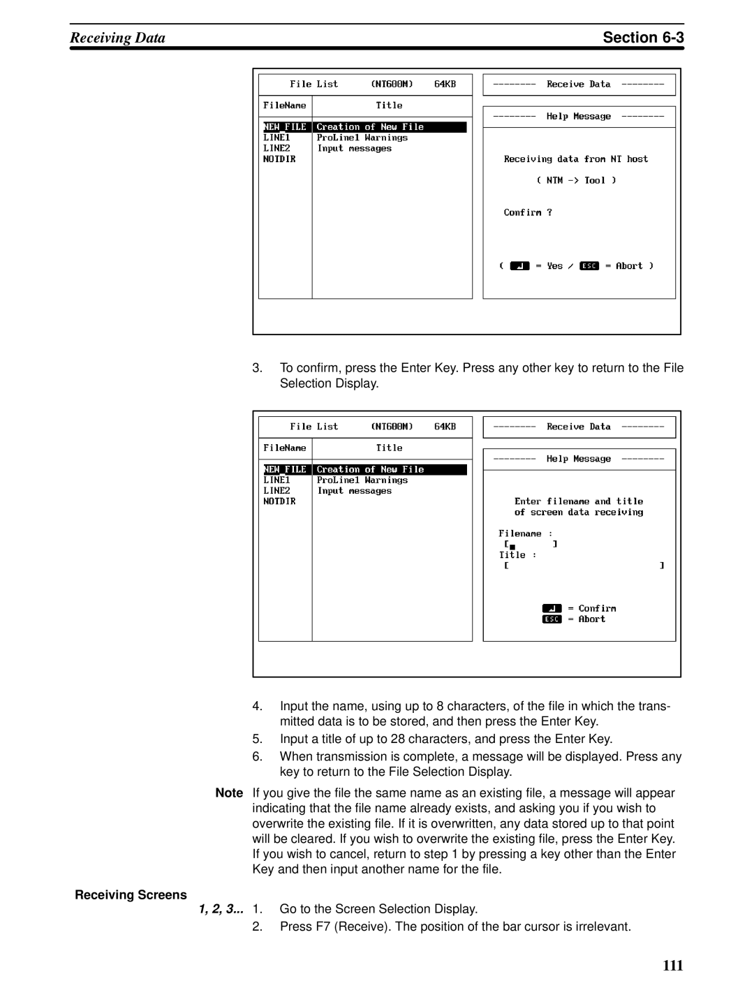 Omron NT20M, NT-series, NT600M manual Receiving Screens 