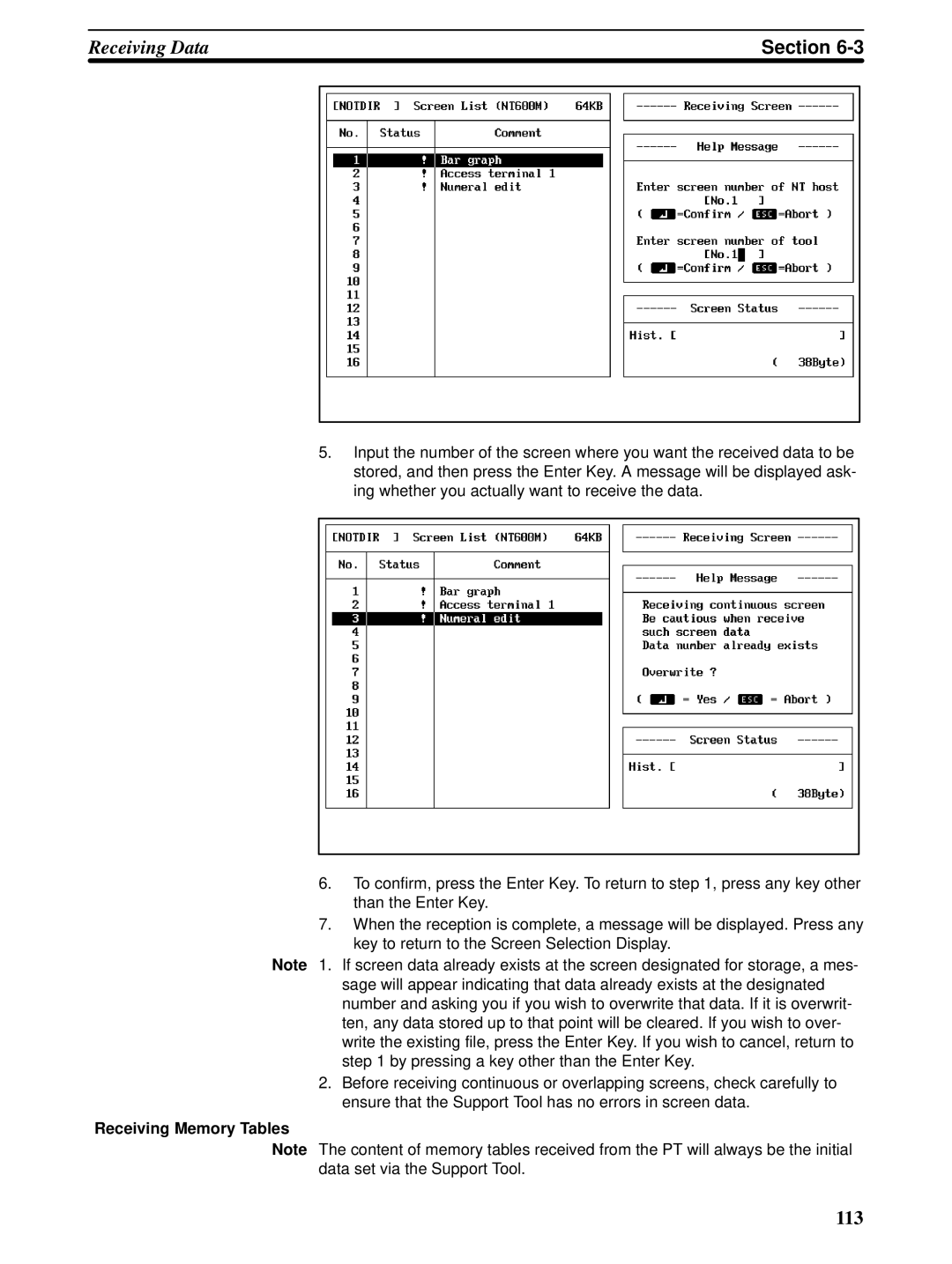 Omron NT-series, NT20M, NT600M manual Receiving Memory Tables 