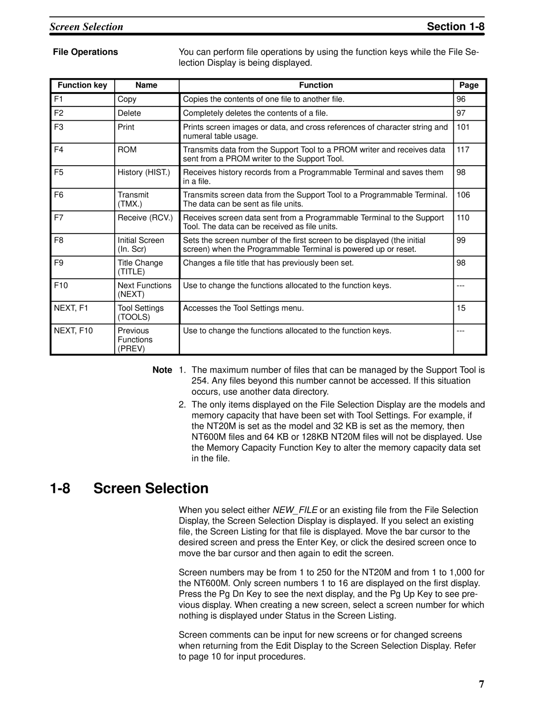 Omron NT-series, NT20M, NT600M manual Screen Selection, File Operations, Function key Name 